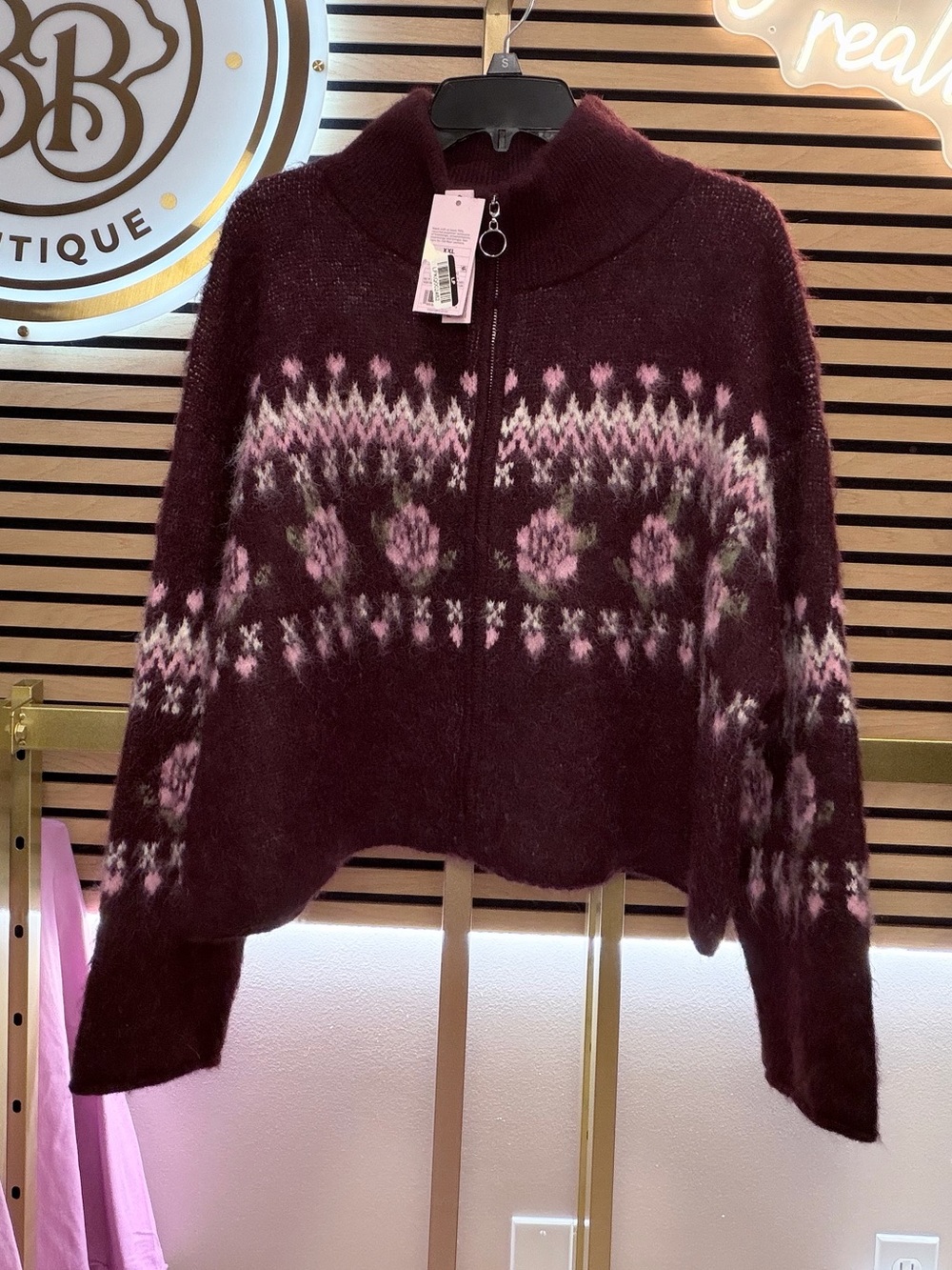 wild fable Burgundy Zip-Front Crew Sweater with Pink Floral Fair Isle